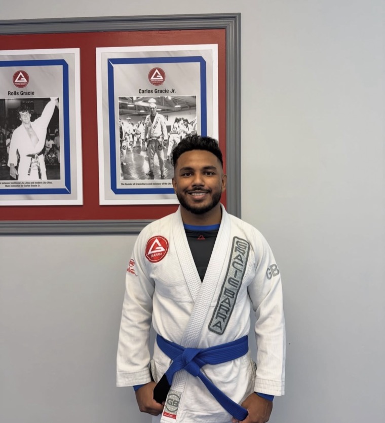 Coach Shatil in a Gracie Barra gi and blue belt at Gracie Barra Manotick