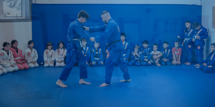 Children watching from the edge of the mats while adults train